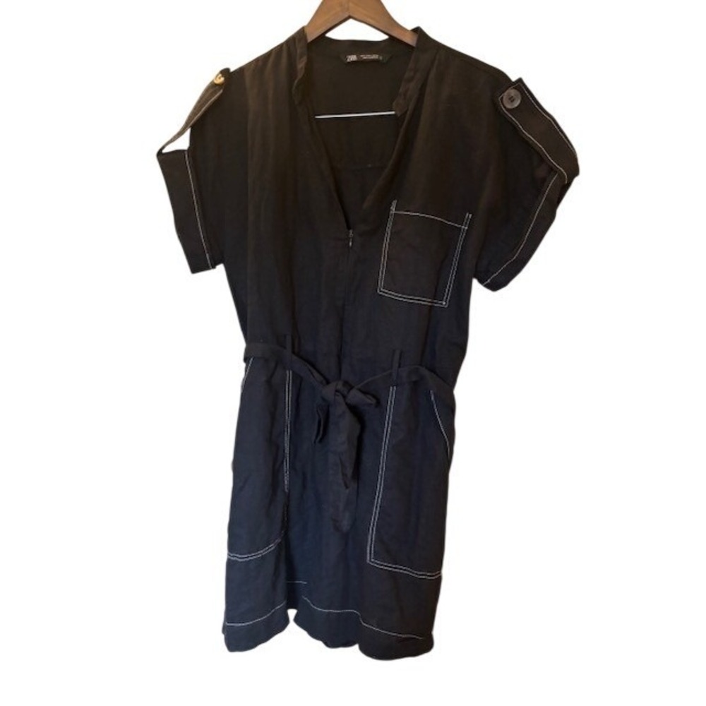 Zara Women's Black Linen Blend Romper Contrast Stitch Belted Large